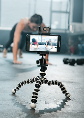 Image showing Influencer, phone and fitness women recording, filming or broadcast online training video, exercise tutorial or guide. Sports, screen and athlete team, people of friends live streaming gym workout