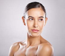 Image showing Woman, beauty and skincare of a wellness model for face cleaning and makeup product. Isolated, white background and young person with skin glow from dermatology, spa and facial with studio background