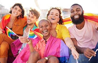 Image showing Portrait, diversity and rainbow flag for lgbtq community, freedom and smile for parade, support or solidarity. Friends, group or young people with non-binary, gay and lesbian with happiness and queer