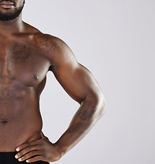 Image showing Closeup, black man and fitness for with health, muscular or wellness with guy on grey studio background. African American male, athlete or bodybuilder bare, chest or pecs with motivation for exercise