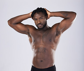 Image showing Sexy body, fitness and black man portrait for sports person in studio for strong muscle and power. Health and wellness of a male bodybuilder model with growth after exercise, workout and training