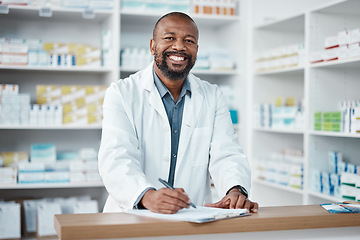 Image showing Pharmacy, portrait and black man with clipboard, medicine and pill prescription. African American male, pharmacist and medical professional writing, make notes for stock and inventory for healthcare.