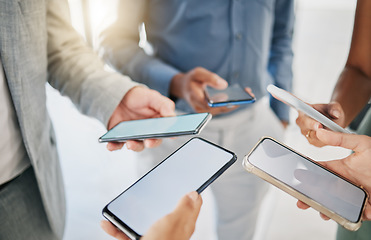 Image showing Mockup, business and closeup of smartphone, group and social media for texting. Screens and people with cellphones, typing and search internet with communication, online chatting or connection