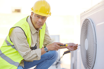 Image showing Air conditioner, repair and portrait of man on roof for maintenance, construction and fixing appliance. Ac repair, construction and handyman, technician or engineer with tools for building project