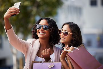 Image showing Shopping, selfie and sunglasses of friends or women sales, promotion or discount with finance, wealth or commerce lifestyle. Social media, smartphone and fashion influencer people or customer in city