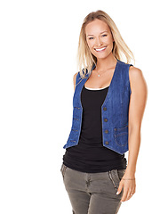 Image showing Fashion, happy and portrait of a woman in a studio with a positive mindset, smile and joy. Happiness, beauty and female model from Australia with a casual outfit by white background with mockup space