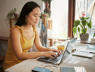 Image showing Working, business woman and computer work of an Asian remote employee typing a schedule. Online research, internet and pc writing of a female freelancer typing on a laptop for web writer job