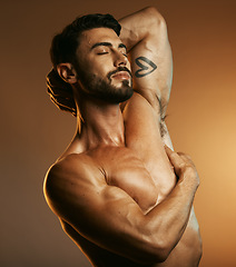 Image showing Beauty, body fitness and man in studio isolated on a brown background. Eyes closed, exercise and topless male model or bodybuilder with muscles feeling satisfied after training for health or wellness