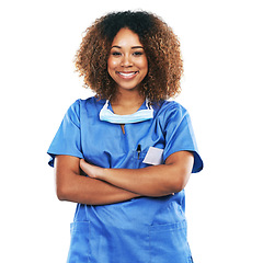 Image showing Portrait, black woman and nurse with arms crossed in studio isolated on white background. Face, healthcare or confident, proud and happy female medical physician from Nigeria ready for wellness goals