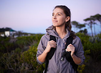 Image showing Woman, hiker and backpacking in nature travel for sightseeing or adventure in the outdoors. Happy female tourist carrying bag, hiking or trekking in journey, trip or traveling for healthy wellness