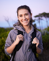 Image showing Nature, freedom and portrait of woman hiking in forrest on happy holiday adventure time in Brazil. Travel, wellness and fresh air, hiker trekking in beautiful park landscape with smile and backpack.