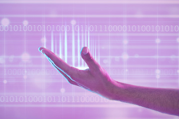 Image showing 3d futuristic, hand and man with binary numbers in metaverse cyber world. Augmented reality, digital transformation and male with data, computing hologram or ux, coding or programmer software in palm