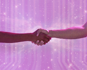 Image showing Metaverse, people and 3d futuristic handshake for connection, partnership or deal on universe background. Future, neon and shaking hands for vr experience, connectivity and welcome greeting in space.