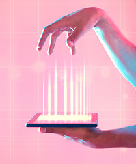 Image showing Connection, social network and hands with a tablet for ux, communication and internet on a pink background. Website, media and person with neon screen of technology for contact, networking and app