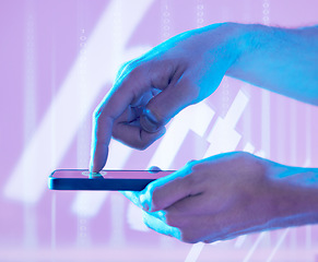 Image showing Futuristic, fingerprint and hands of man with phone pressing to unlock. Biometric, finger scanning and male with mobile smartphone for cyber security, biometrics and identification with neon software