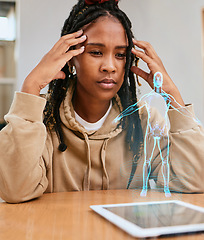 Image showing Woman with tablet hologram of human body anatomy for digital research, online analysis study or e learning. Virtual 3d screen display, African girl focus and medical student thinking about innovation