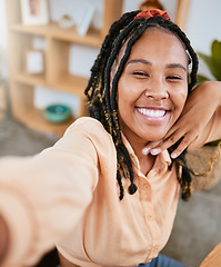 Image showing Selfie, smile and portrait of a beautiful woman relaxing, calm and content in a house. Happy, cute and face of a girl with a photo pose for happiness, confidence and empowerment in the morning