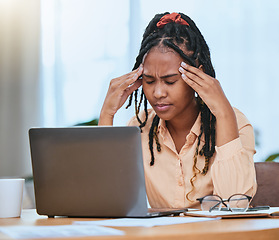 Image showing Black woman, headache and stress with laptop while tired in home office of studying or working. Entrepreneur person tired, burnout and exhausted with fatigue for remote work and startup business