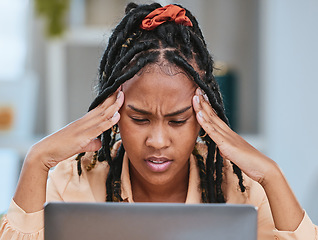 Image showing Black woman, headache and stress with laptop glitch while depressed in home office. Entrepreneur person tired, burnout and fatigue with bad mental health for remote work and startup business