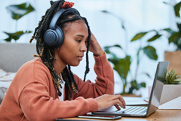 Image showing Thinking, black woman and laptop for remote work from home, concentration and typing with connection. Jamaican female, lady and freelancer with audio to text, focus and online research for project