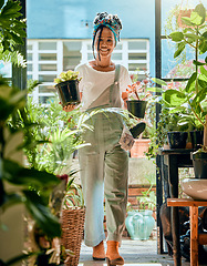 Image showing Black woman, portrait and plant shop for gardening, nursery or greenhouse retail. Entrepreneur working in green startup or small business for sustainability, environment and entrepreneur growth