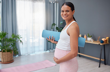 Image showing Portrait, start or pregnant woman ready for yoga exercise or fitness workout for wellness in house living room. Pregnancy, maternity or healthy mother to be with a calm happy smile training at home