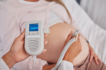 Image showing Pregnant, woman and doctor hands with heart monitor for baby healthcare, medical support or hospital gynecology. Pregnancy maternity consultation, patient stomach and gynecologist with fetal doppler