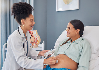 Image showing Pregnant woman, hospital ultrasound and doctor with stomach scan for baby healthcare, medical support or gynecology. Pregnancy maternity consultation, clinic or patient abdomen with gynecologist help