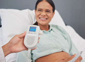 Image showing Pregnant woman, doctor check or heart monitor for baby healthcare, medical support or hospital gynecology. Pregnancy maternity consultation, patient stomach or gynecologist with fetal doppler machine