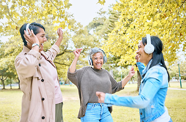 Image showing Music headphones, friends and women dance at park outdoors. Senior, dancing and carefree group of elderly females with happy daughter streaming radio, podcast or fun audio song and bonding together.