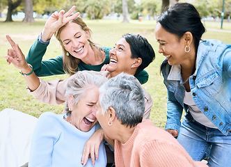 Image showing Retirement, women and laughing in funny games, comic bonding and silly global activity with peace sign hands. Smile, happy and elderly senior friends in nature park, grass garden or community support