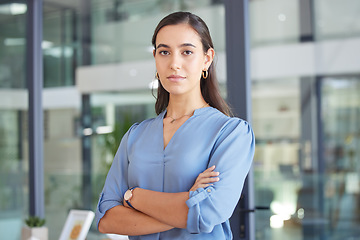 Image showing Face, leadership and business woman with arms crossed in office ready for targets or goals. Ceo, boss and portrait of proud female entrepreneur from Canada with vision, mission and success mindset