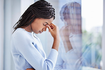 Image showing Mental health, window and black woman with depression, thinking and stress in home. African American female, girl and headache for financial crisis, burnout and anxiety for problems, glass and sad