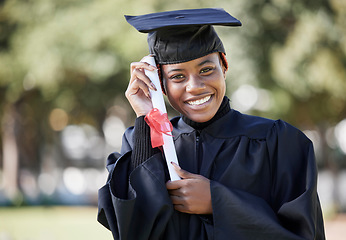 Image showing Graduate with certificate, black woman at graduation with university success in portrait and achievement. Student in graduation cap outdoor, motivation and future, happy woman with diploma and mockup