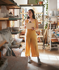 Image showing Woman, workshop and planning notes for pottery checklist, inventory and product manufacturing. Ceramic manager thinking of product, stock and designer in small business, studio and retail production