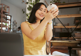 Image showing Happy woman, ceramic product and class in workshop, creative studio and manufacturing startup. Female small business owner, pottery designer and artist working with sculpture, creativity and process