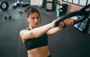 Image showing Fitness woman, gymnast ring and woman doing exercise workout, strength training and body wellness routine. Strong sports female or athlete with dip rings for power, self care and a healthy lifestyle