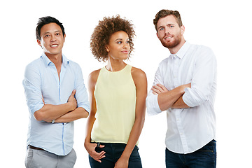Image showing Diversity, group of people together and support standing isolated in white background. Interracial team, casual friends and collaboration portrait for positive mindset energy or success in studio