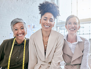 Image showing Portrait, team and fashion designer women in workshop, smile and happy about startup business. Face, group and female partners excited for success, design studio and creative manufacturing company