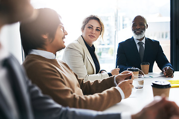 Image showing Planning, data analysis or business people happy with smile in meeting, invest strategy or company finance investment. Collaboration, success or teamwork on data analytics or global financial network