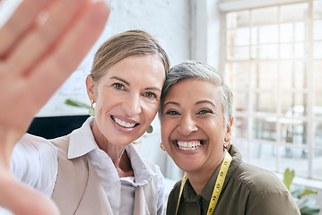 Image showing Fashion, designer and selfie of women in workshop taking pictures for happy memory. Face portrait, small business or senior female tailors taking photo for social media post while working in boutique