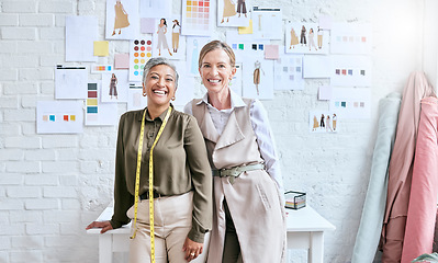 Image showing Fashion industry and happy portrait of women in workshop with creative collaboration and idea for business. Planning, creativity and vision of mature dressmaker team with optimistic mindset and smile