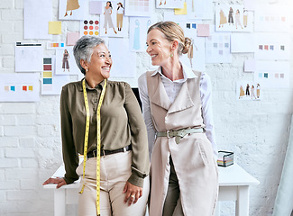 Image showing Fashion business and happy team thinking, brainstorming and working on creative idea together in workshop. Planning, creativity and vision of mature dressmaker women with optimistic mindset.