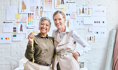 Image showing Team, fashion designer and portrait of senior women in workshop, happy and smile for small business. Face, elderly and female partners excited for success, design studio and manufacturing company