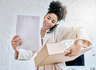 Image showing e commerce, package and logistics woman or small business owner for startup checklist, delivery and documents. Product supplier, box and paperwork of black person on phone call with courier services