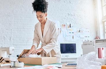 Image showing Fashion store delivery, box or black woman packaging stock product for commercial distribution or courier shipping. Logistics export, retail safety container and girl working in supply chain industry