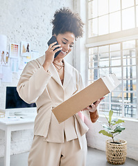 Image showing Package, phone call and logistics woman or small business owner talking to courier services, ecommerce and fashion. Product supplier, box and fashion black person with shipping stock for online order