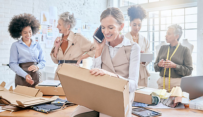 Image showing Phone call woman, box or ecommerce team diversity, package or stock product for commercial distribution. Logistics supply chain, retail store or senior ceo communication for courier delivery shipping