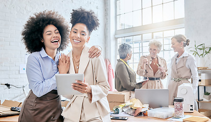 Image showing Teamwork, tablet and laugh with a business black woman and colleague joking in their office for design. Collaboration, fun and creative with designer female friends working in a creative workshop