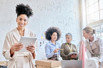 Image showing Manager portrait, ecommerce delivery tablet or team diversity, package or stock product for commercial distribution. Logistics courier shipping, retail store box or happy black woman in supply chain